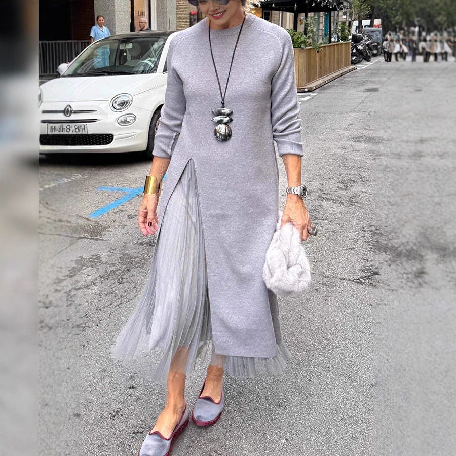 Women's Round Neck Knitted Slit Stitching Mesh Dress