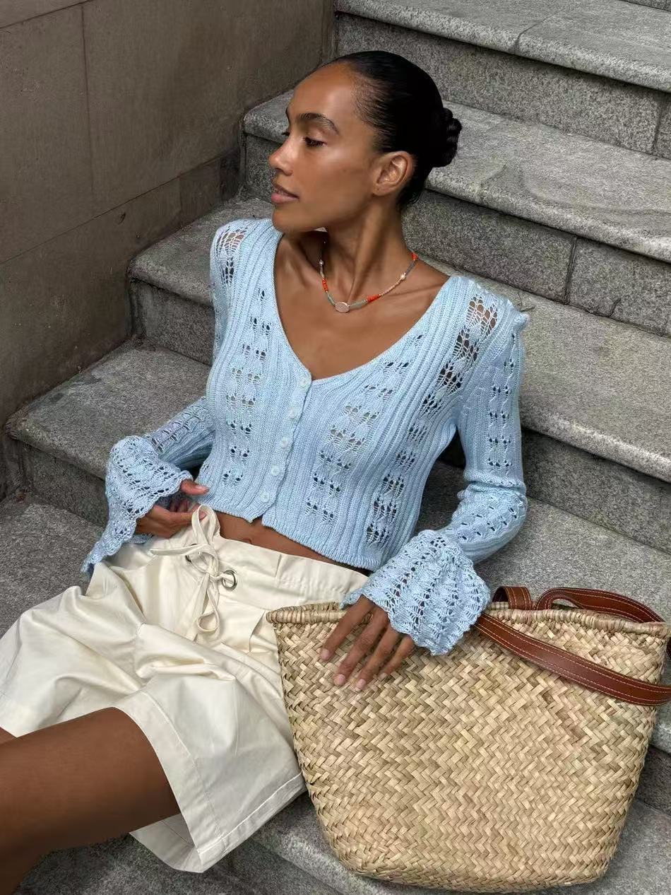 Women's Hollow Knitted Clothes Solid Color Long Blouses