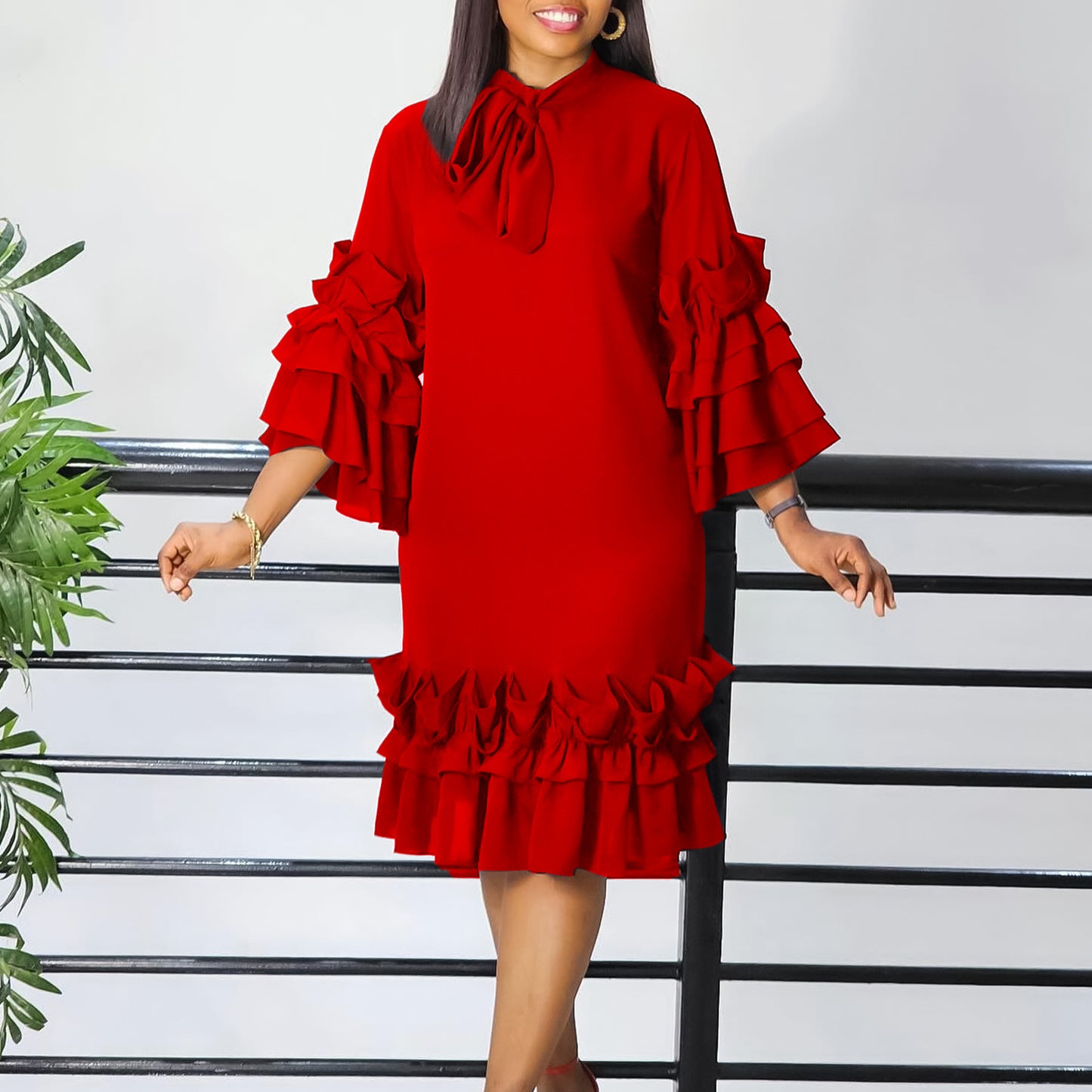 Fashion Casual Style Ruffled Flared Sleeve Plus Size