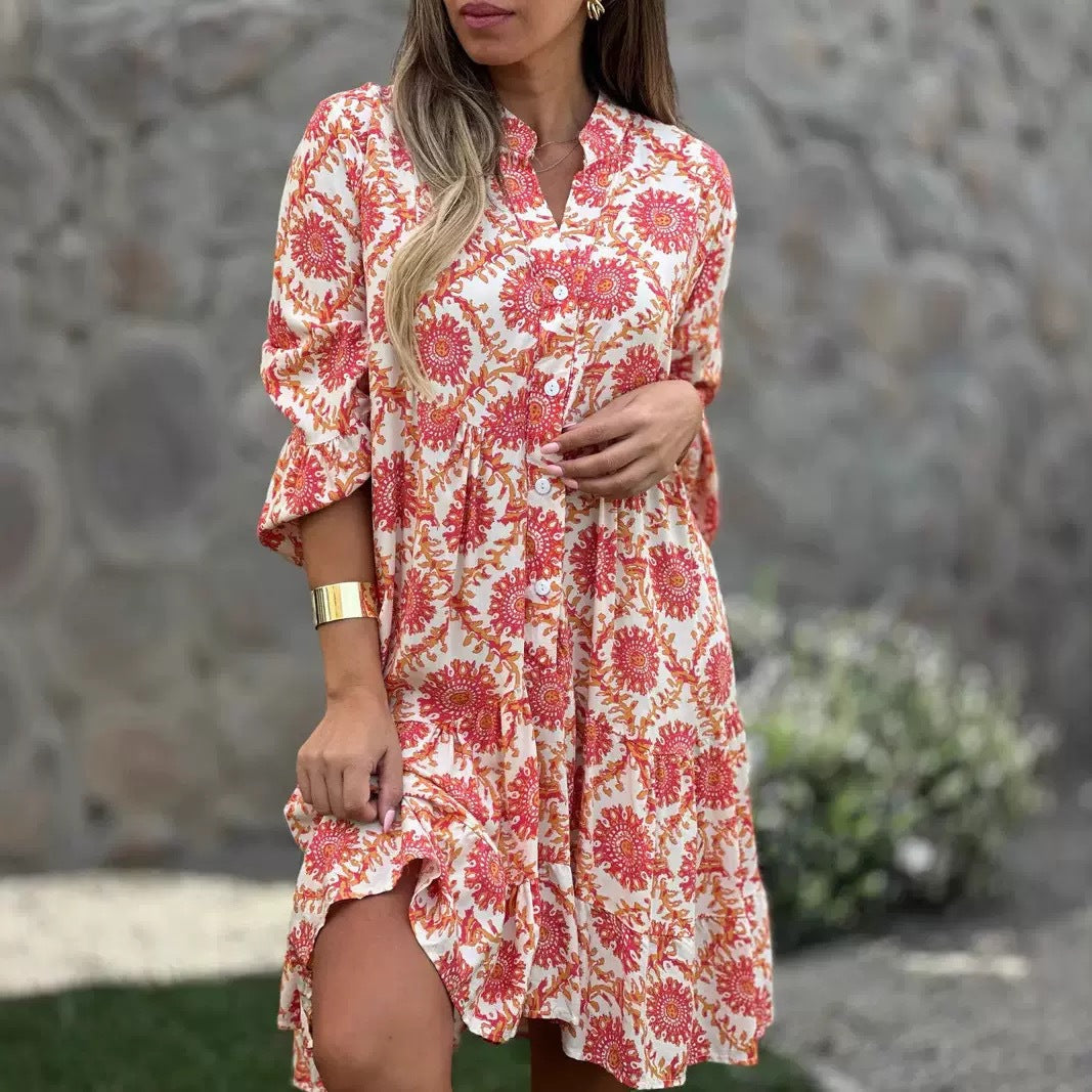 Women's Summer Collar Bell Sleeve Printed Shirt Dresses