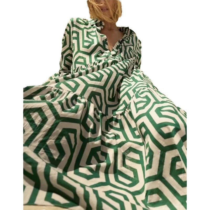 Women's Long Sleeve Turn-down Collar Green Geometric Pattern Dress
