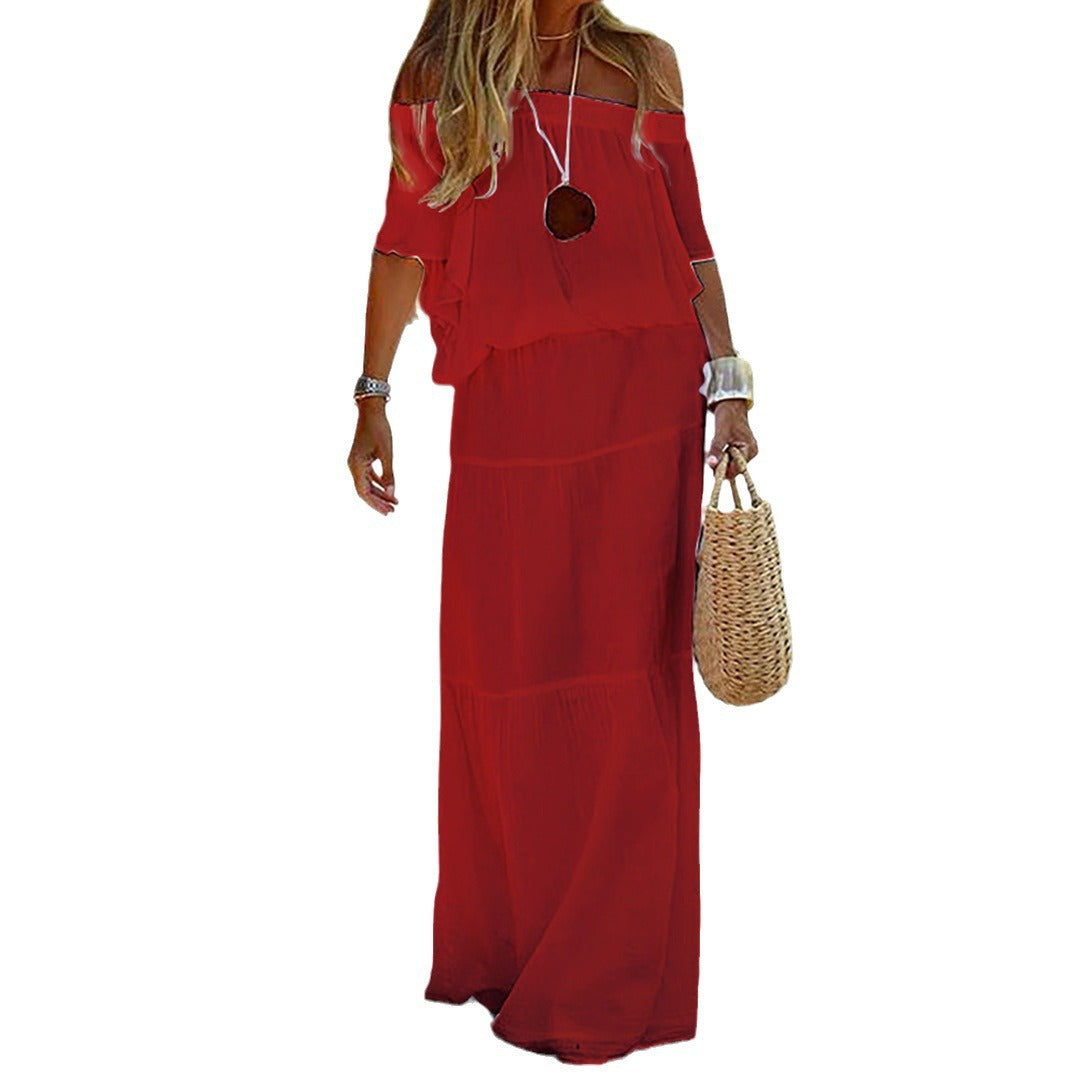 Casual Solid Color Elastic Waist Sleeve Dresses
