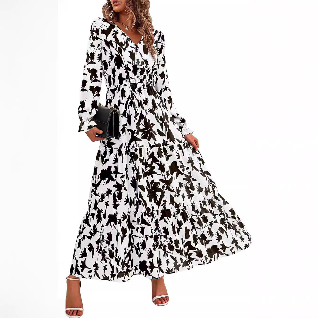 Women's Collar Elastic Waist Printed Casual Long Dresses