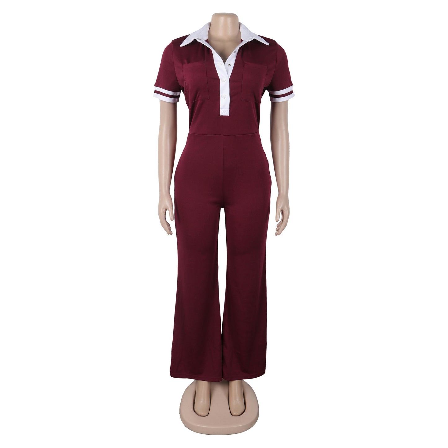 Women's Elegant Stretch Contrast Color Lapels Short-sleeved Jumpsuits