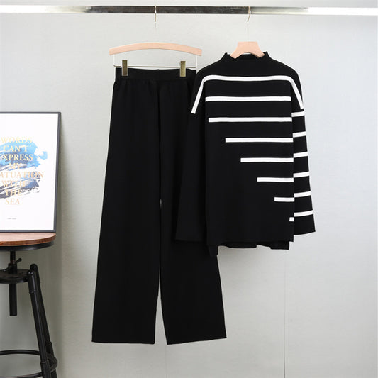 Women's Long Sleeve Striped Knitting Loose Mock Neck Suits