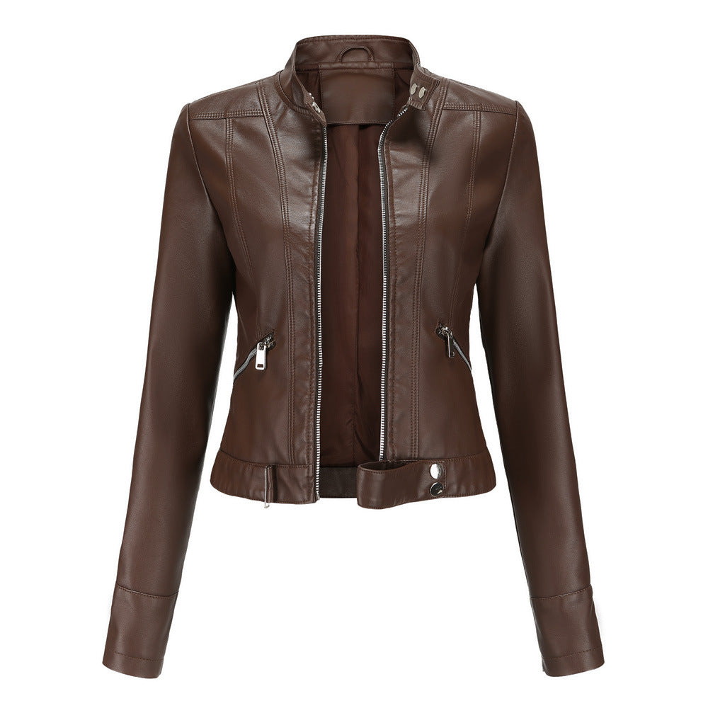 Women's Leather Stand Collar Lady Thin Jackets