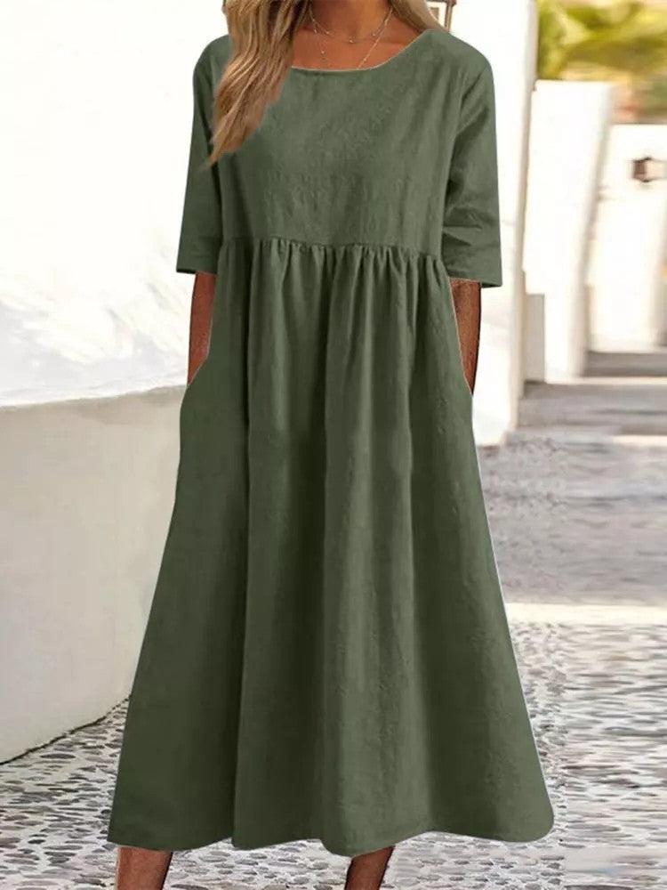 Casual Sleeve Pocket Pleated Loose Round Dress