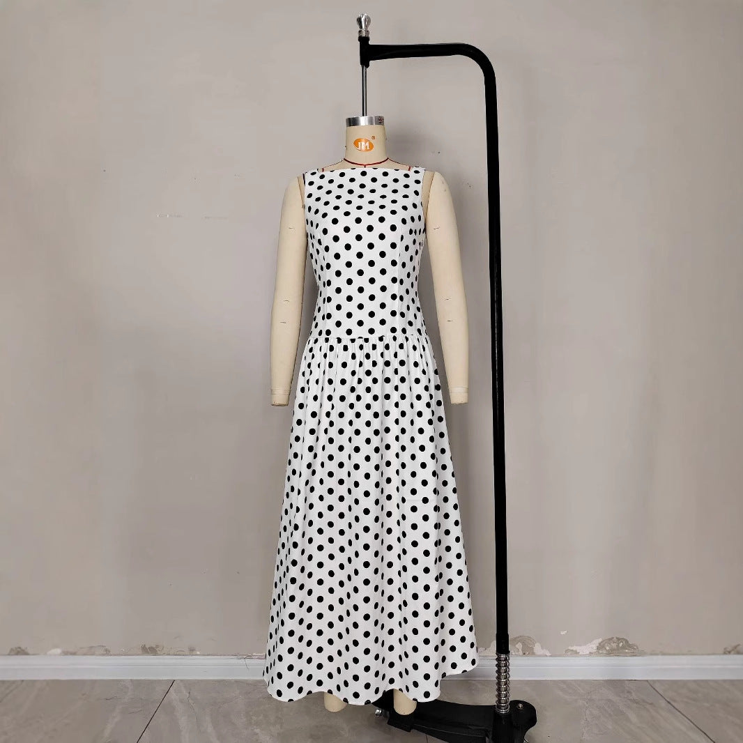 Women's European Style Retro Sleeveless Polka-dot Long Dress Dresses