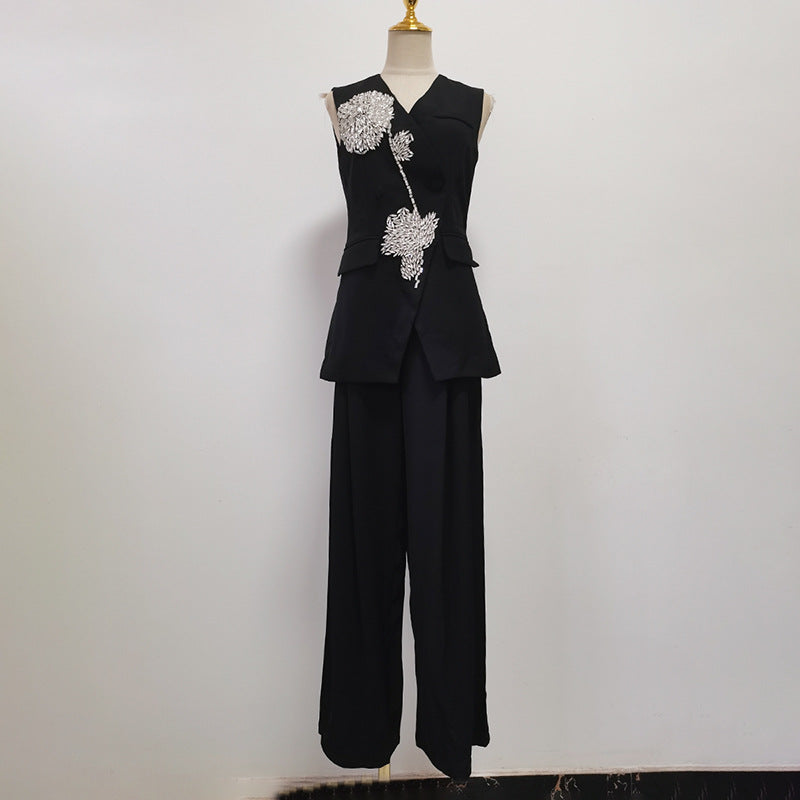 Women's Summer Sleeveless Rhinestone Flower High Waist Wide Leg Suits