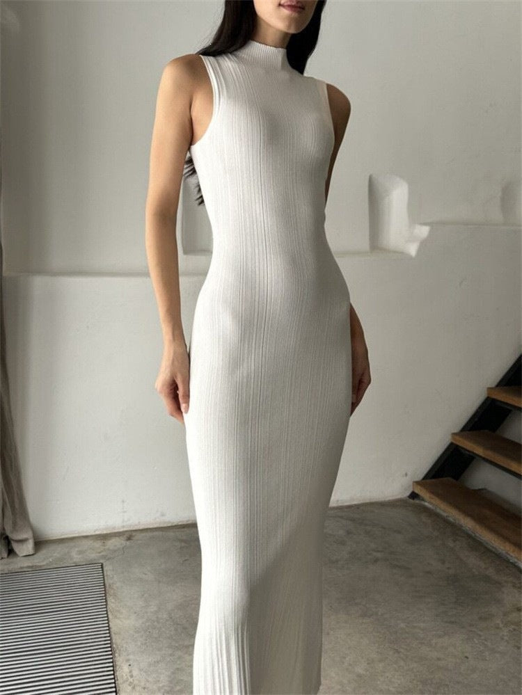 Women's Knitted Turtleneck Sleeveless Tight Midi Elegant Skirts