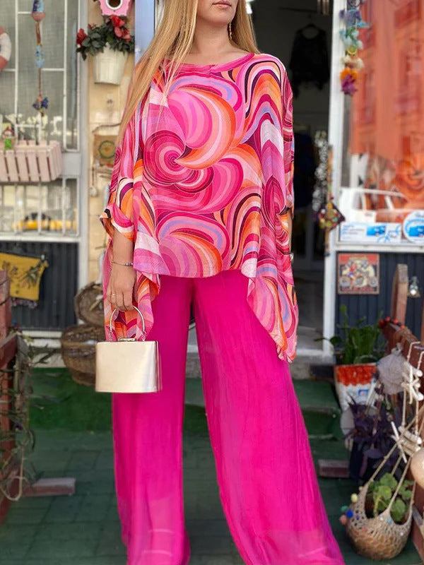 Women's Summer Colorful Chiffon Casual Round Neck Suits