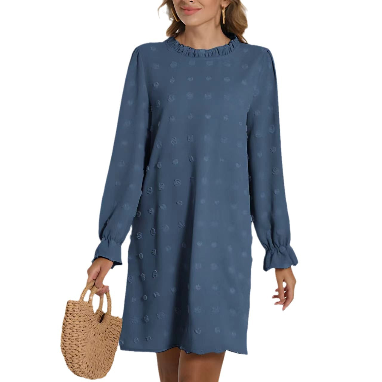 Women's Bubble Embroidered Fur Ball Jacquard Long-sleeved Dress