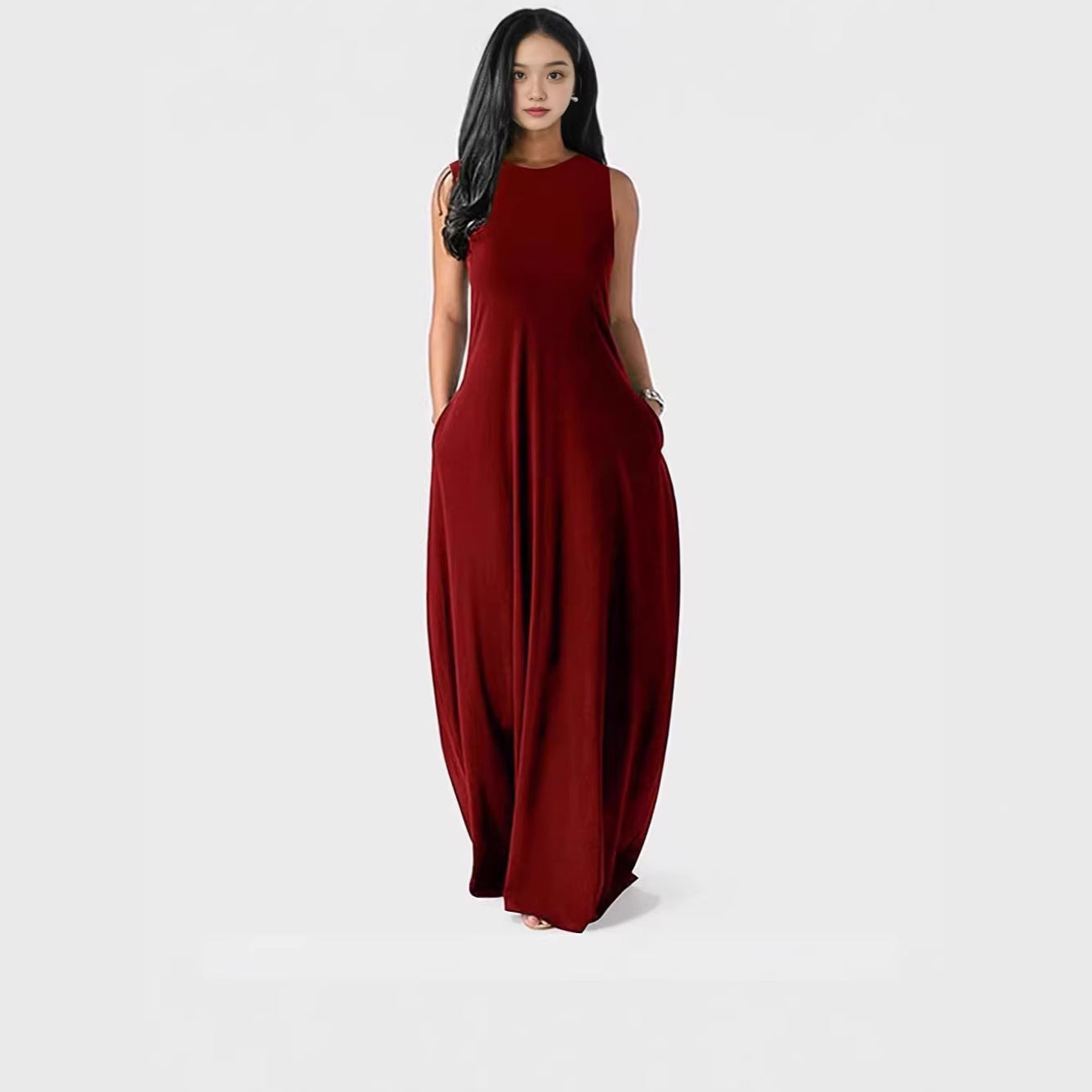 Summer Solid Color Round Neck Casual Dress