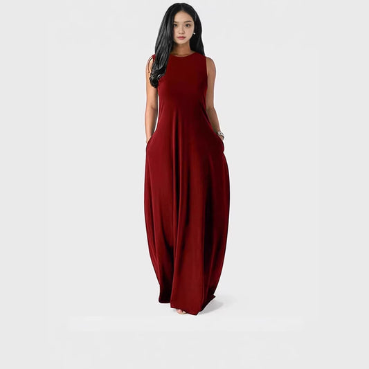 Summer Solid Color Round Neck Casual Dress