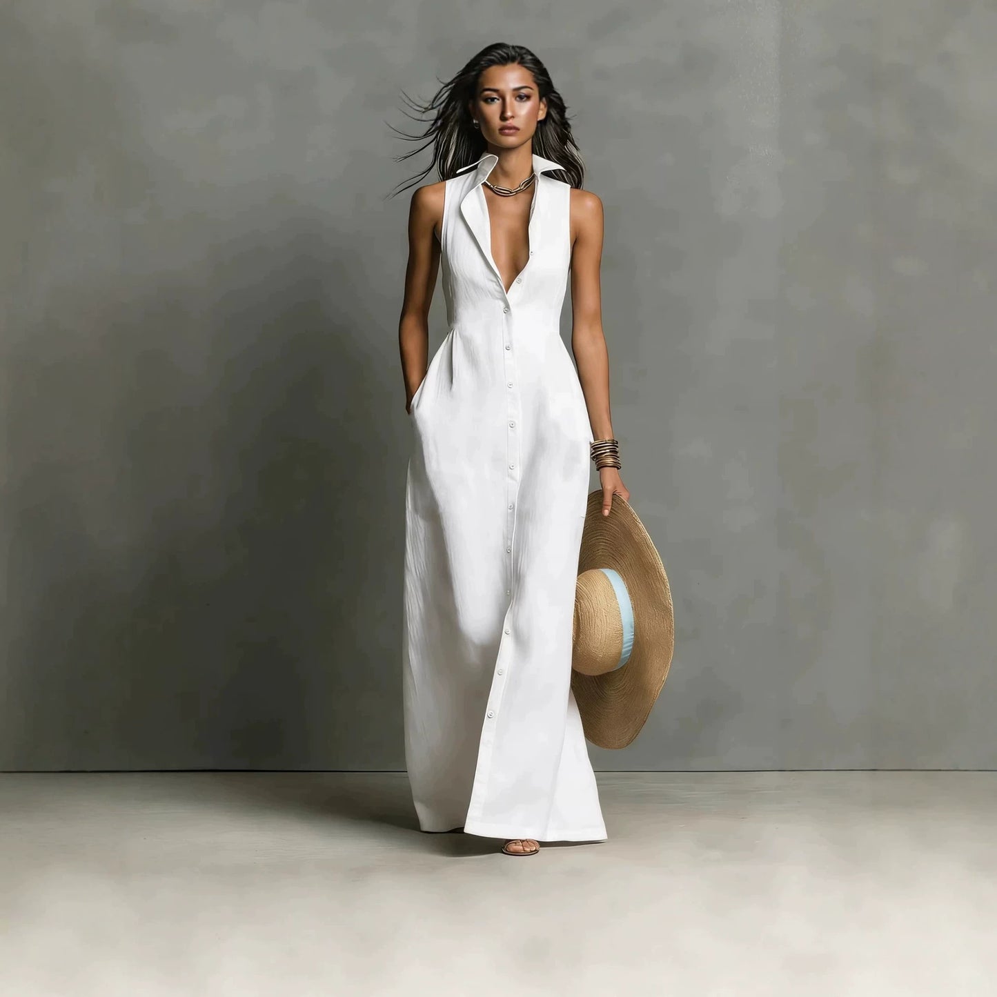 Classic Casual Summer Breasted Sleeveless Collar Dress