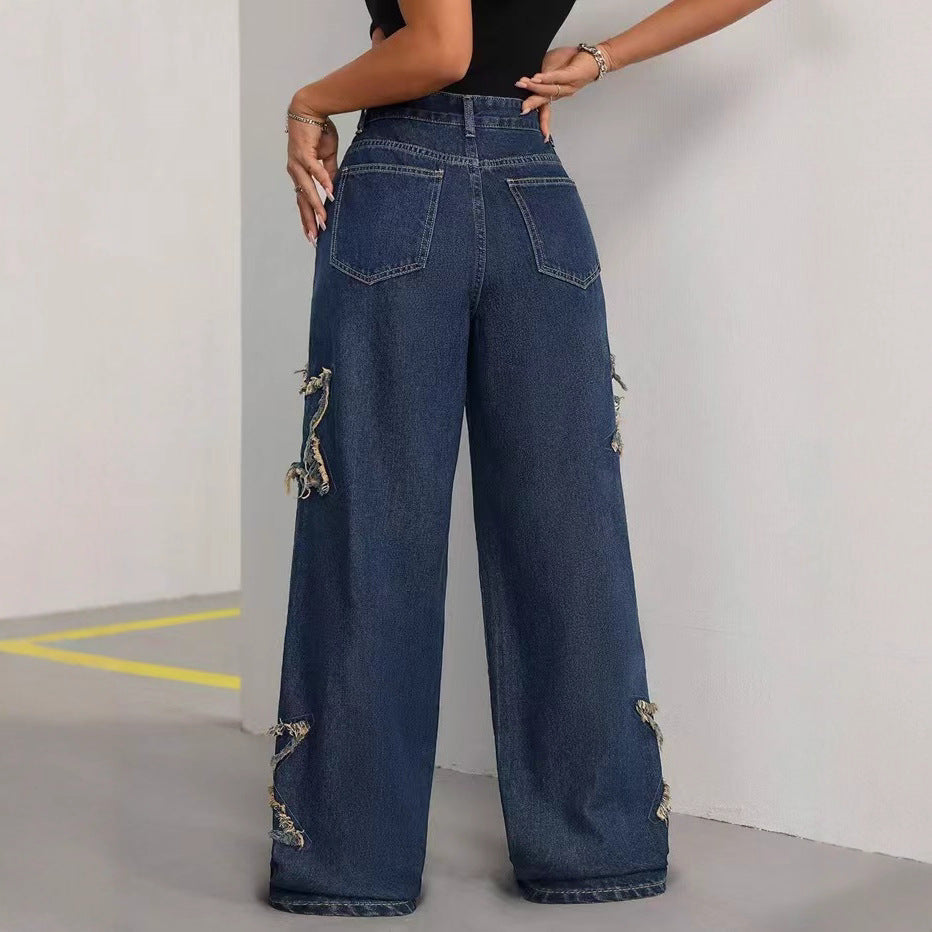 Women's Patch Pentagram Tassel Loose Burrs Straight Jeans