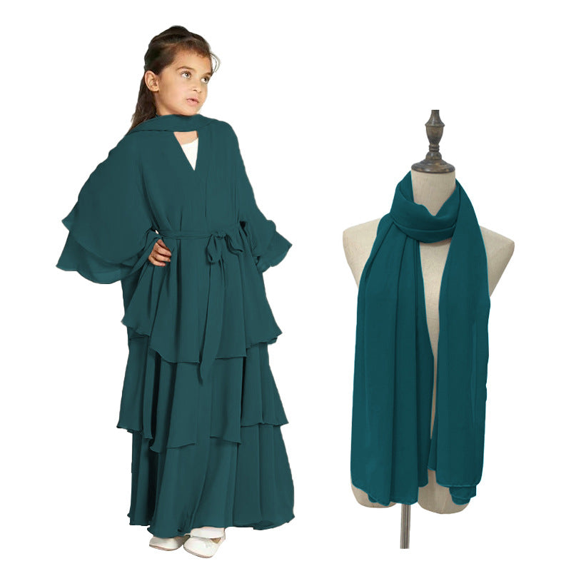 Children's Chiffon Elegant Belted With Scarf Sweet Dress