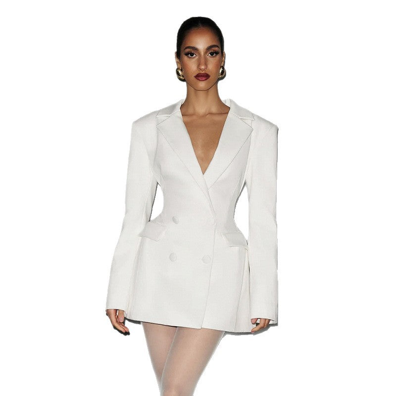 Women's Fashion Solid Color Deep Tight Waist Faux Pocket Temperament Suits