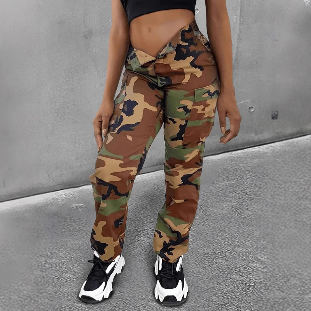 Women's High Waist Straight Multicolor Camouflage Overalls Pants