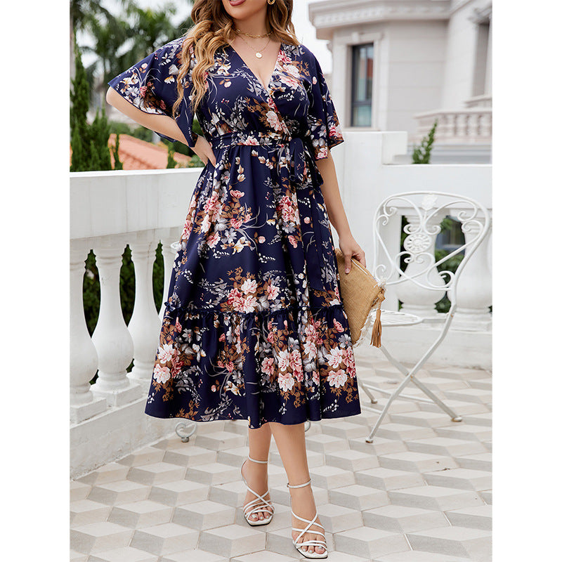 Develop Summer Dark Blue Printing Dress Plus Size