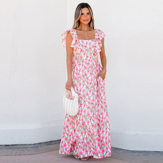 Women's Pullover Square Collar Long Casual Floral Print Dresses