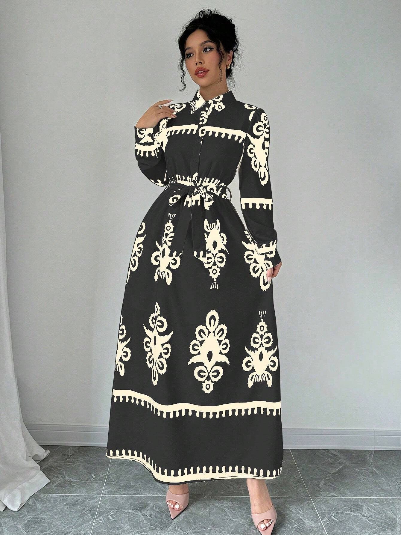 Printed Lace Up Shirt Long Sleeve Dress