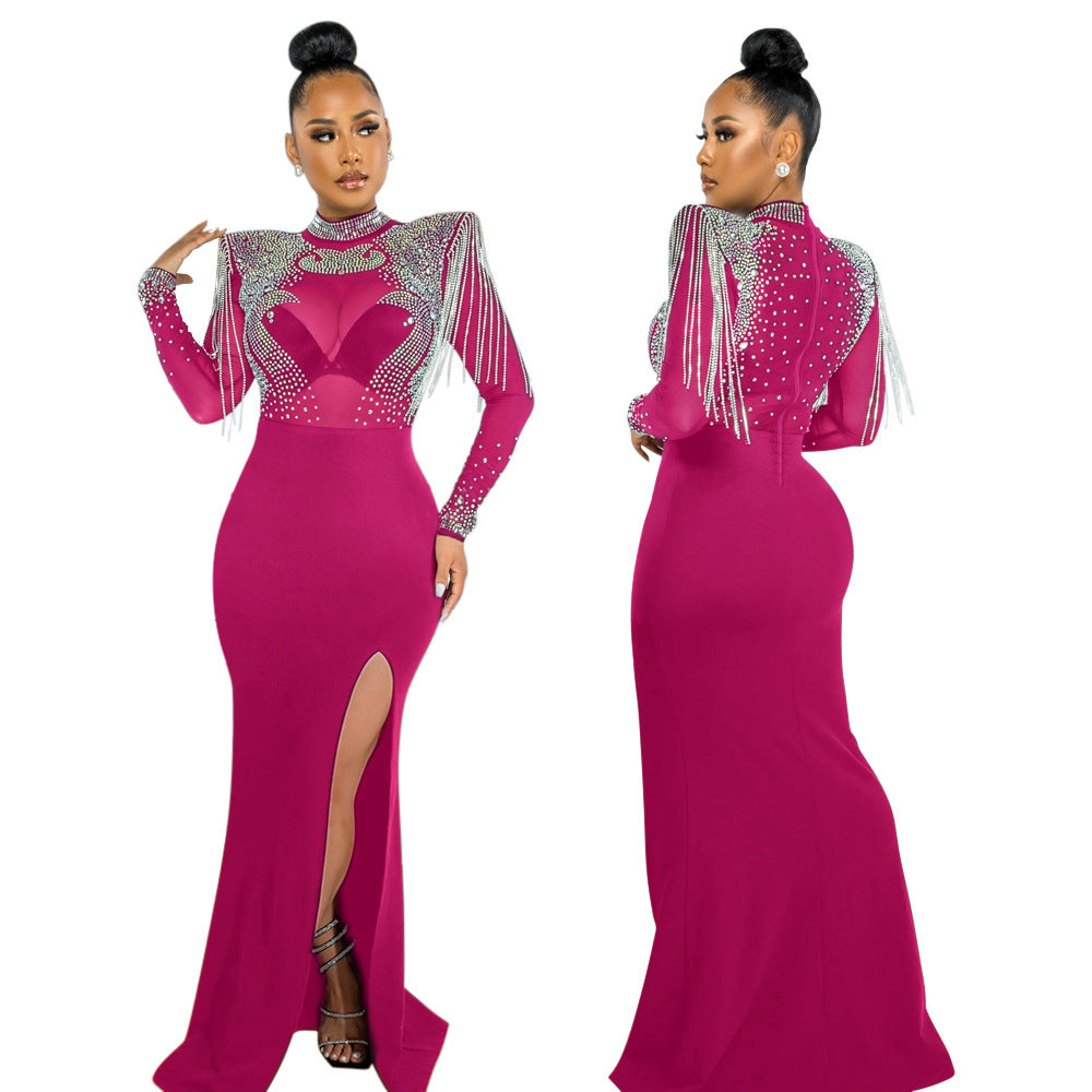 Women's Sexy Mesh Rhinestone Slim Fit Slit Dresses