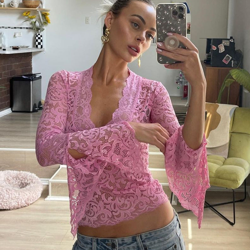 Sexy Deep V Cropped Lace Long-sleeved Blouses