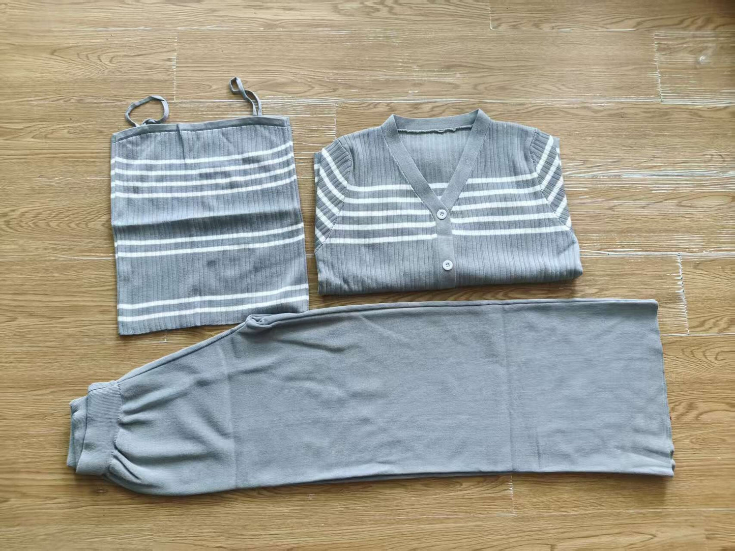 Women's Korean Striped Knitted Sling Fashionable Three-piece Fashion Casual Suit