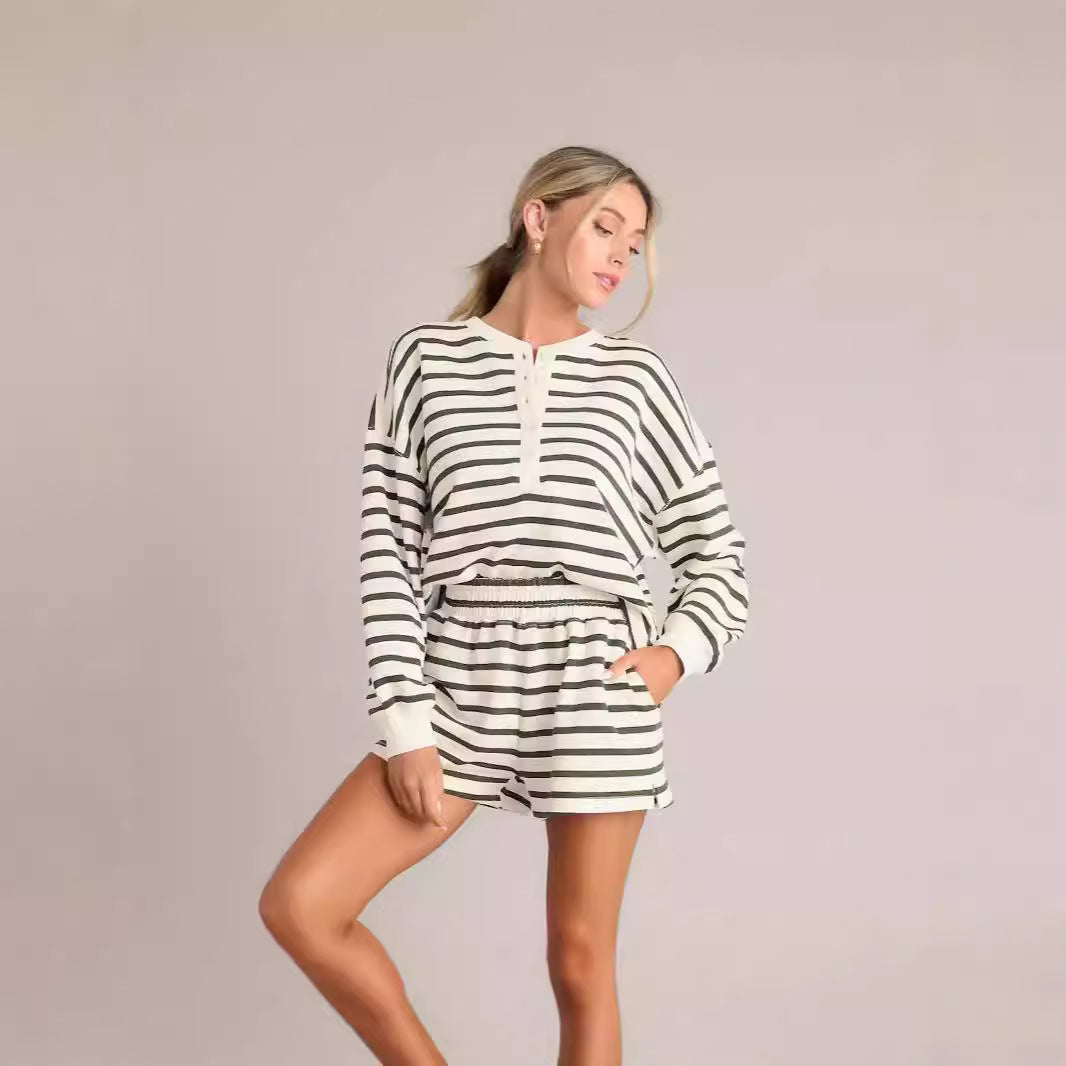 Women's Striped Autumn Collar Decorated With Buttons Long Fashion Casual Suit