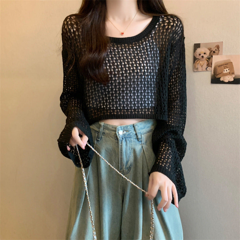 Women's Cutout Summer Tulle Mesh Candy Color Sweet Round Women's Sweater