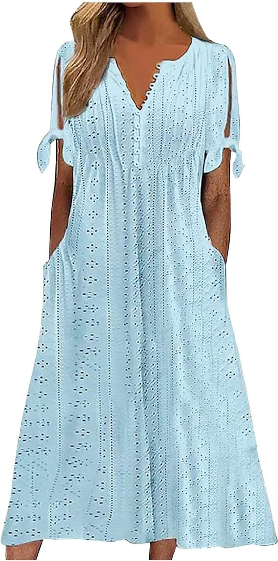 Women's Single Breasted Cuff Knotted Sleeve Eyelet Dresses