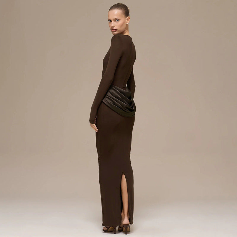 Women's Temperament Pure Color Long-sleeved Pleated Sheath Dress