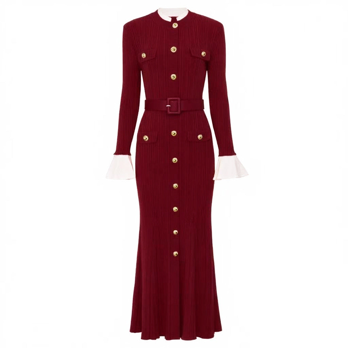 Long Sleeve Round Neck Belt Knitted Slim Dresses