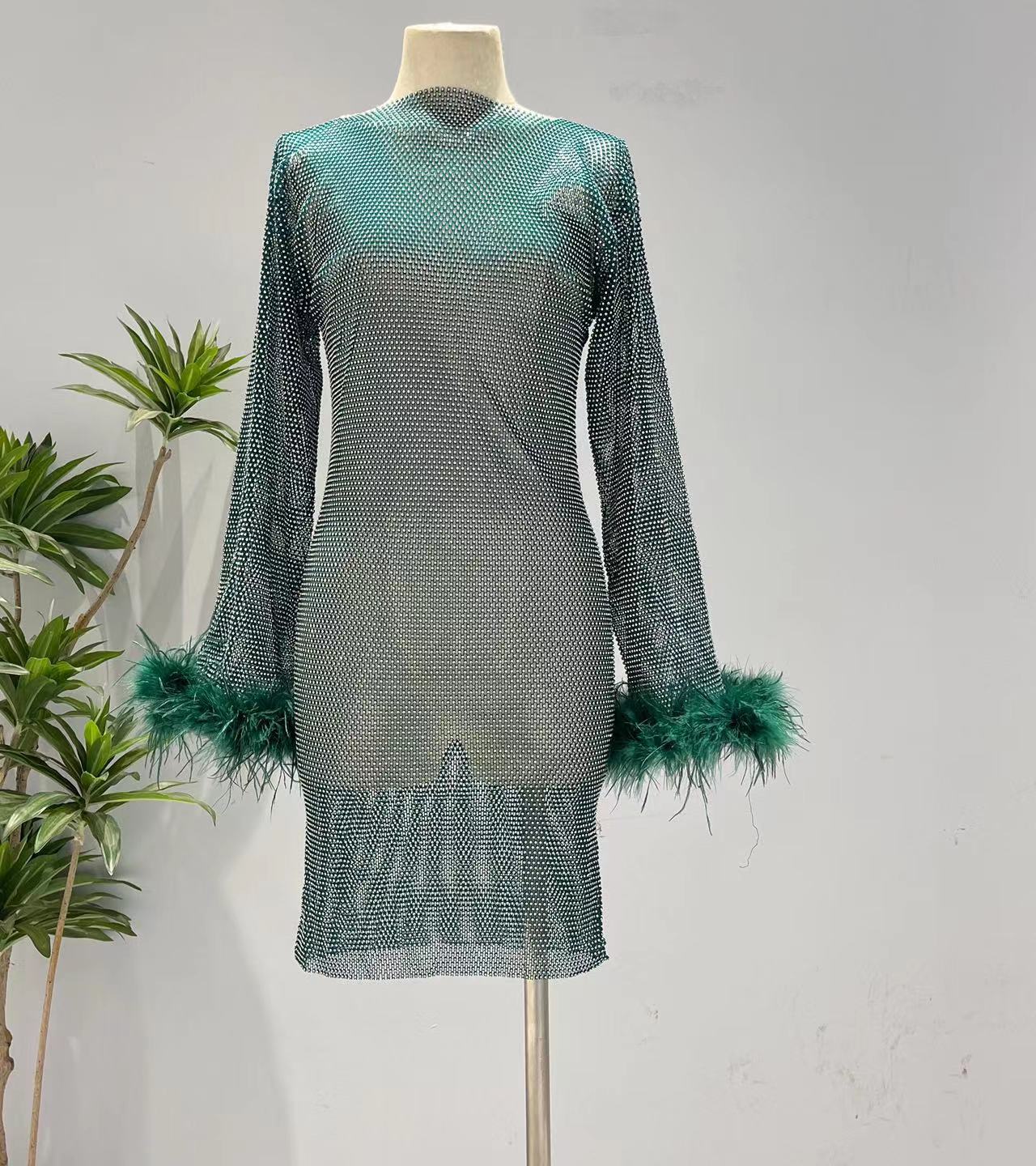 Fashion Luxury Hollow Mesh Ostrich Feather Slimming Bottoming Dress