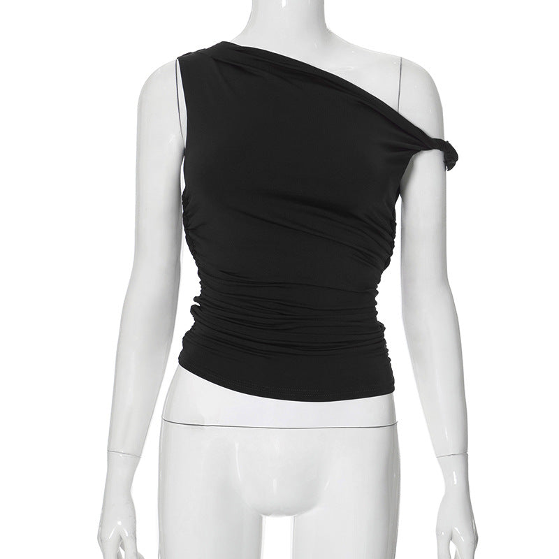 Women's Solid Color Diagonal Collar Pleated Asymmetric Tops