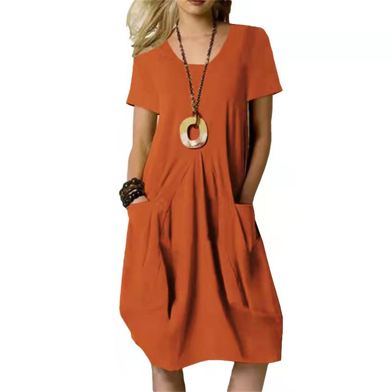 Cotton Linen Solid Color Loose Round Dress