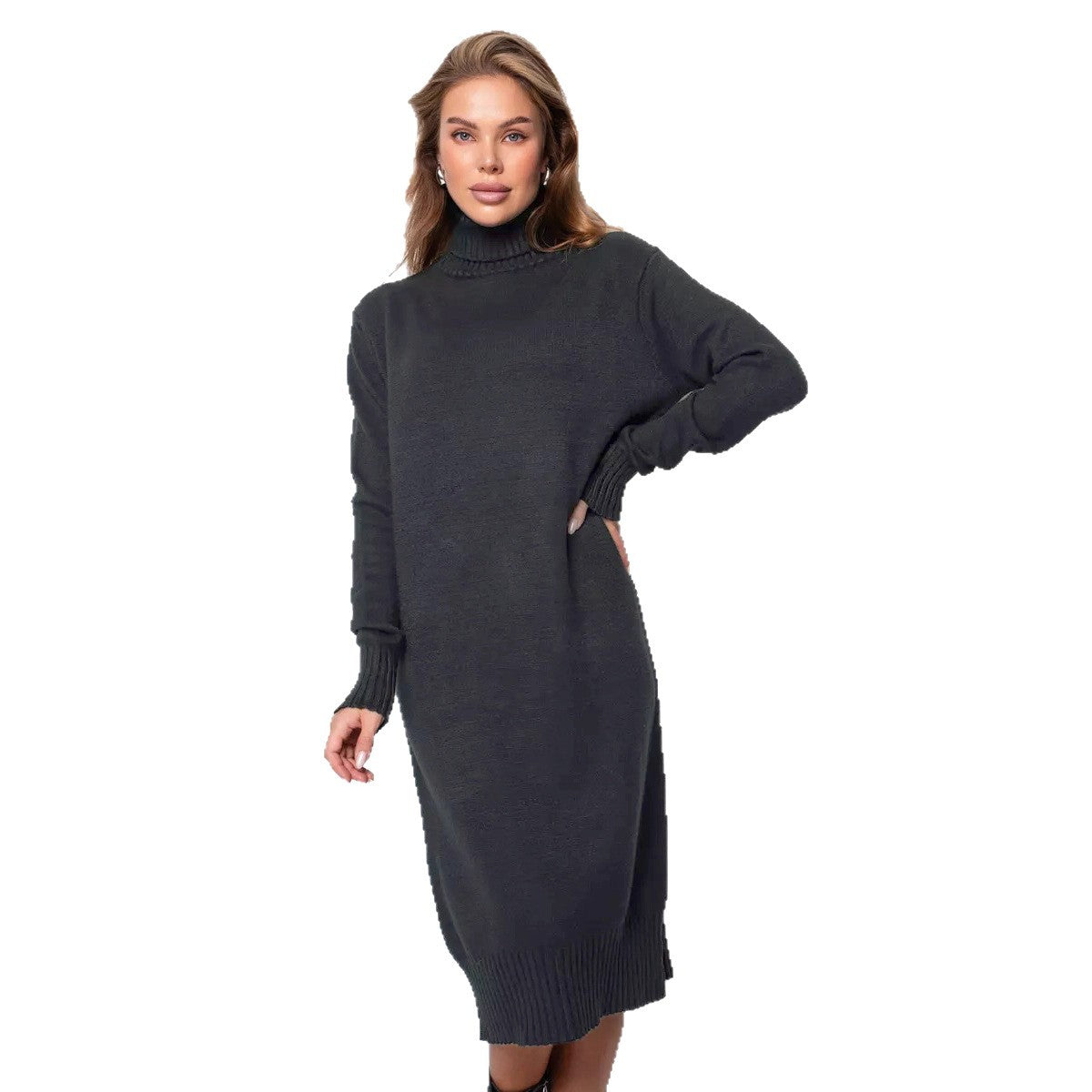 Women's Knitted Long Turtleneck Straight Loose Dress Women's Sweater