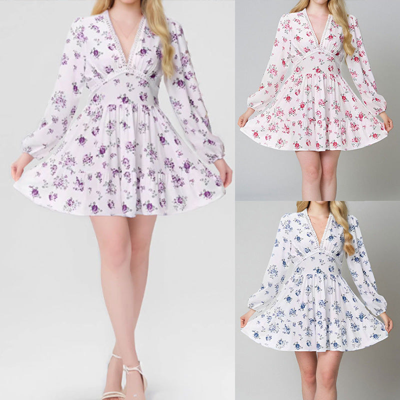 Women's Spring Sweet Printed Lace Long Sleeve Dresses