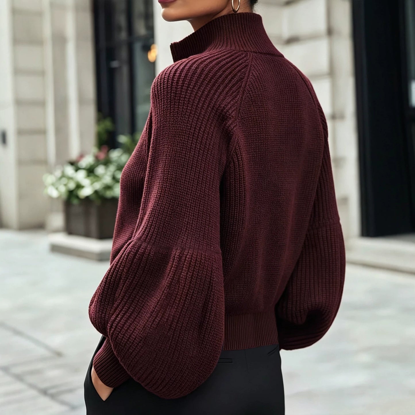 Women's High Stand Collar Zipper Knitted Thick Fluffy Women's Sweater