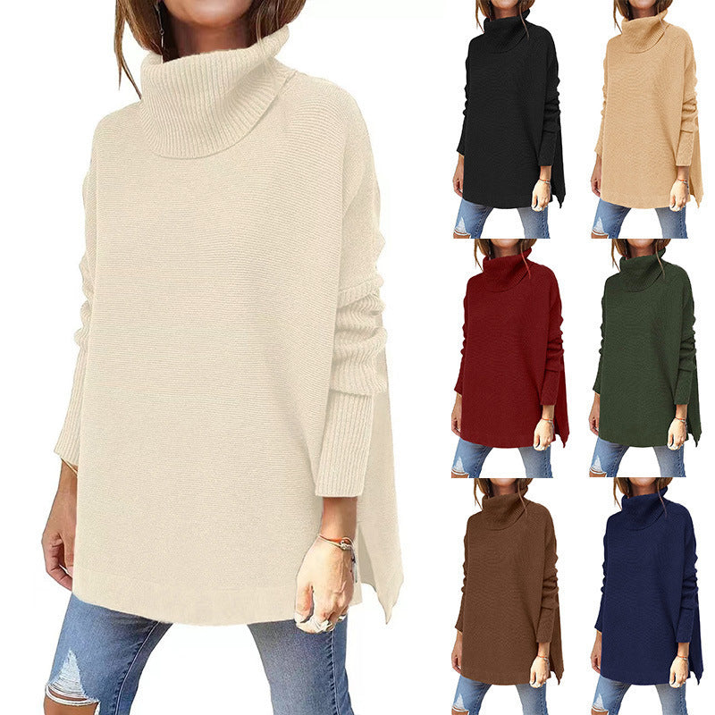 Sleeve Turtleneck Mid-length Batwing Hem Waist Women's Sweater
