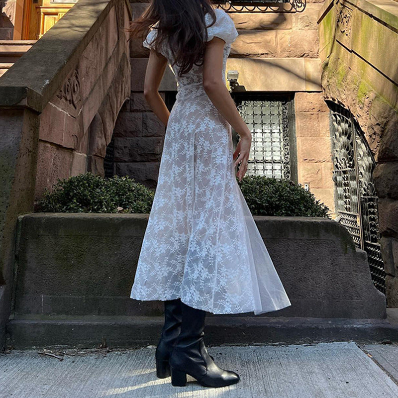 Summer French Court Puff Sleeve Split Dresses