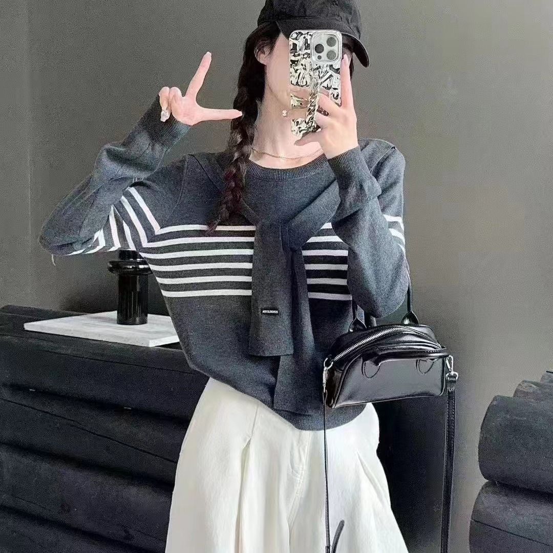 Niche Trendy Long Sleeve Striped Shawl Fake Two-piece Knitted Tops