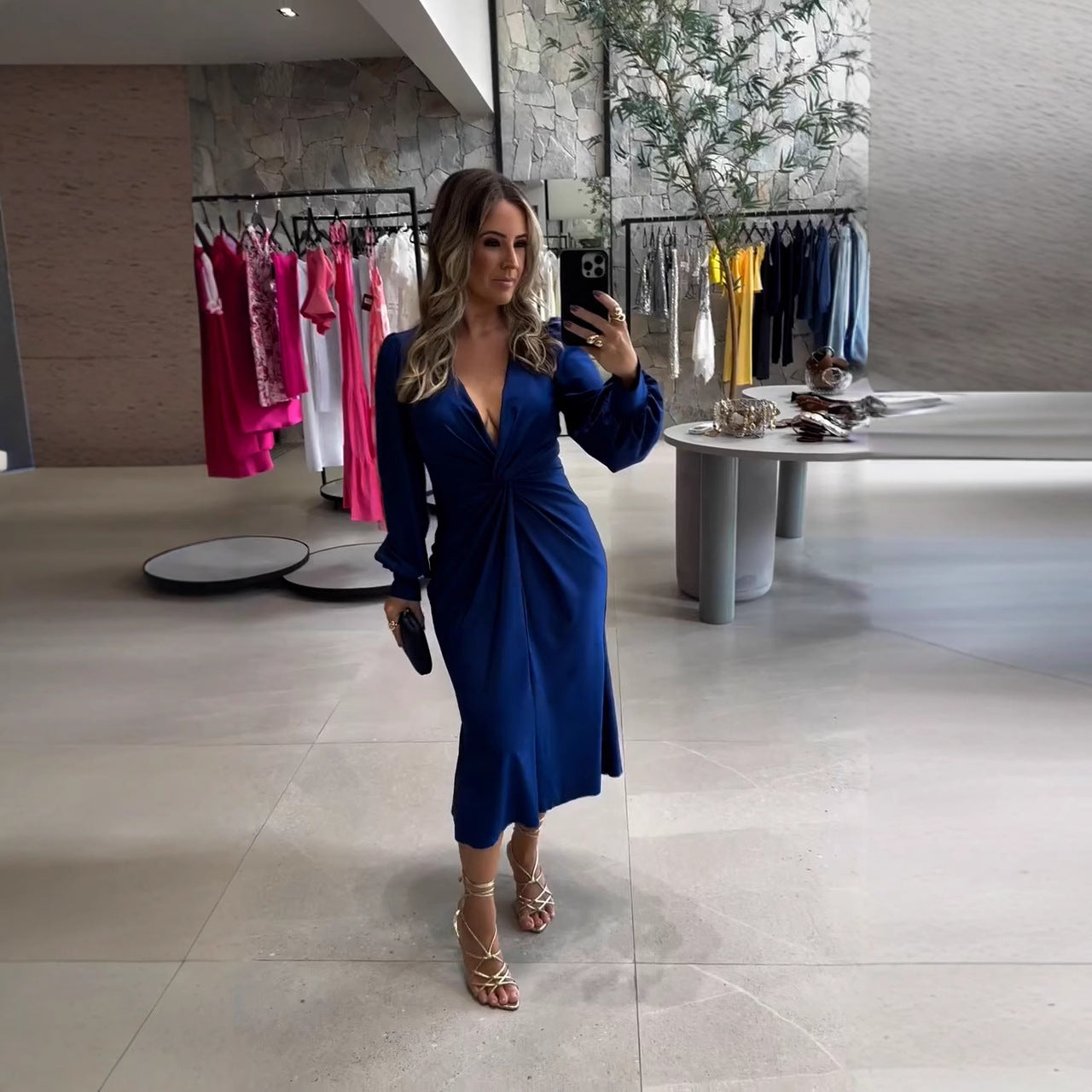 Spring Collar Solid Color Long Sleeve Slim Fit Slit Dresses