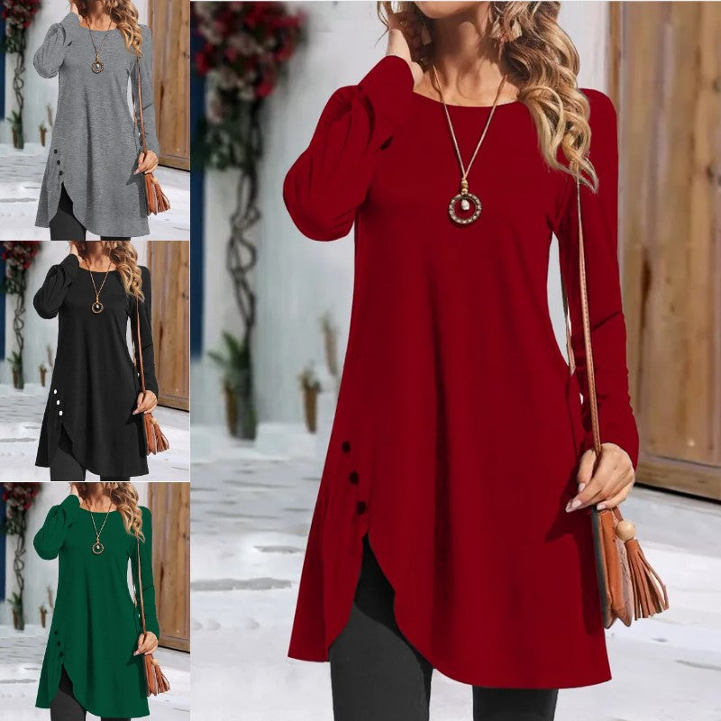 Women's Round Neck Solid Color Long Sleeve Dress