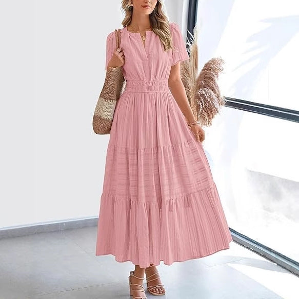 Women's Fashion Pleated Puff Sleeve Layered Large Dress