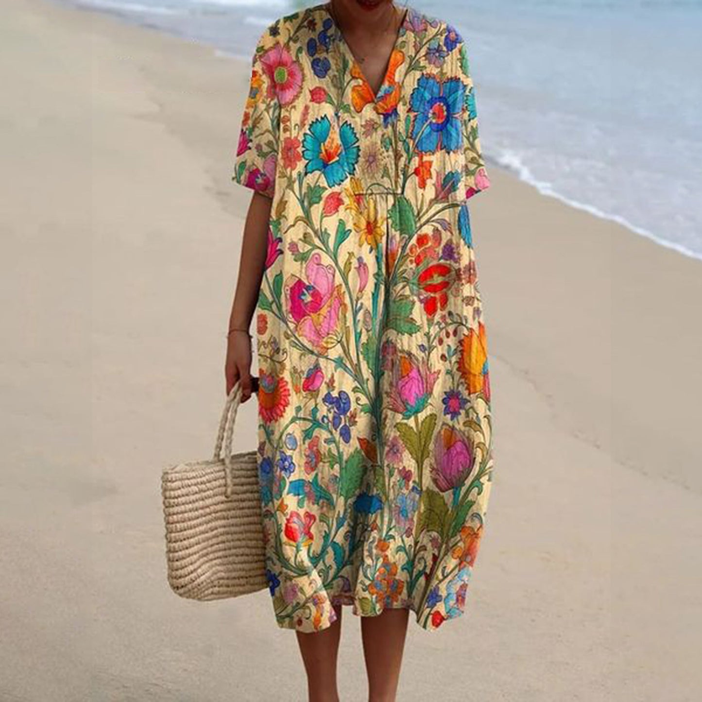 Women's Pocket Sleeve Dress Floral Plant Vacation Dresses