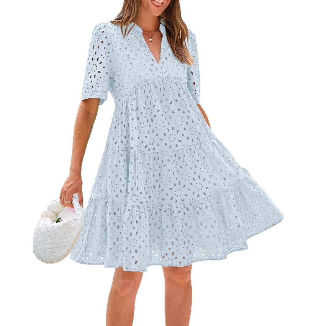 Women's Short-sleeved Beach Vacation Dress French Style Hollow Lace Dresses