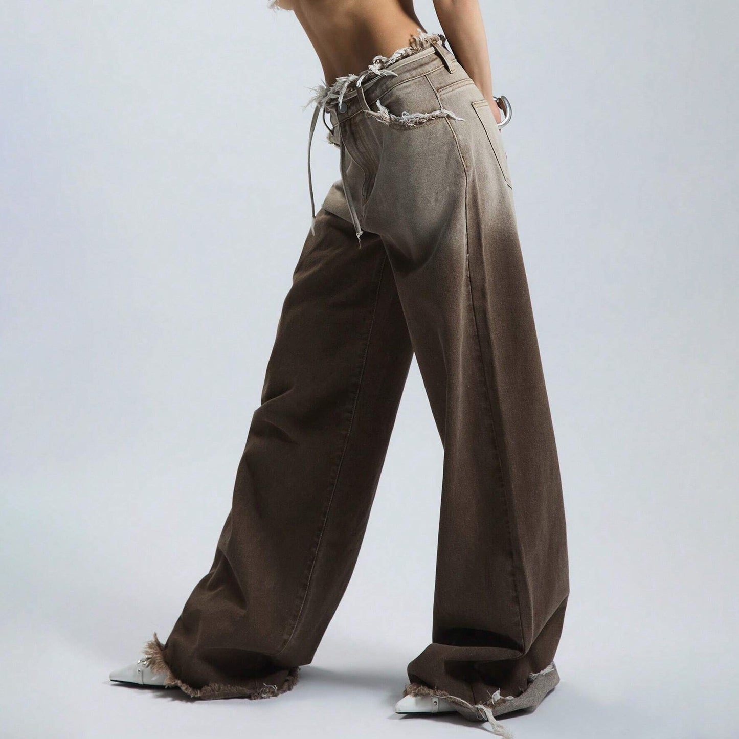 Women's Brushed Gradient Hot Autumn Low Waist Baggy Straight Trousers Jeans