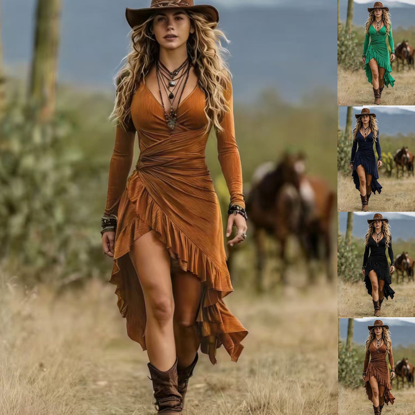 Women's Mid-length Bohemian Pleated Long Sleeve Ruffled Dress